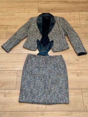 Escada Virgin Wool Tweed Skirt Suit Set - Size 40 Jacket / 42 Skirt Leather Trim